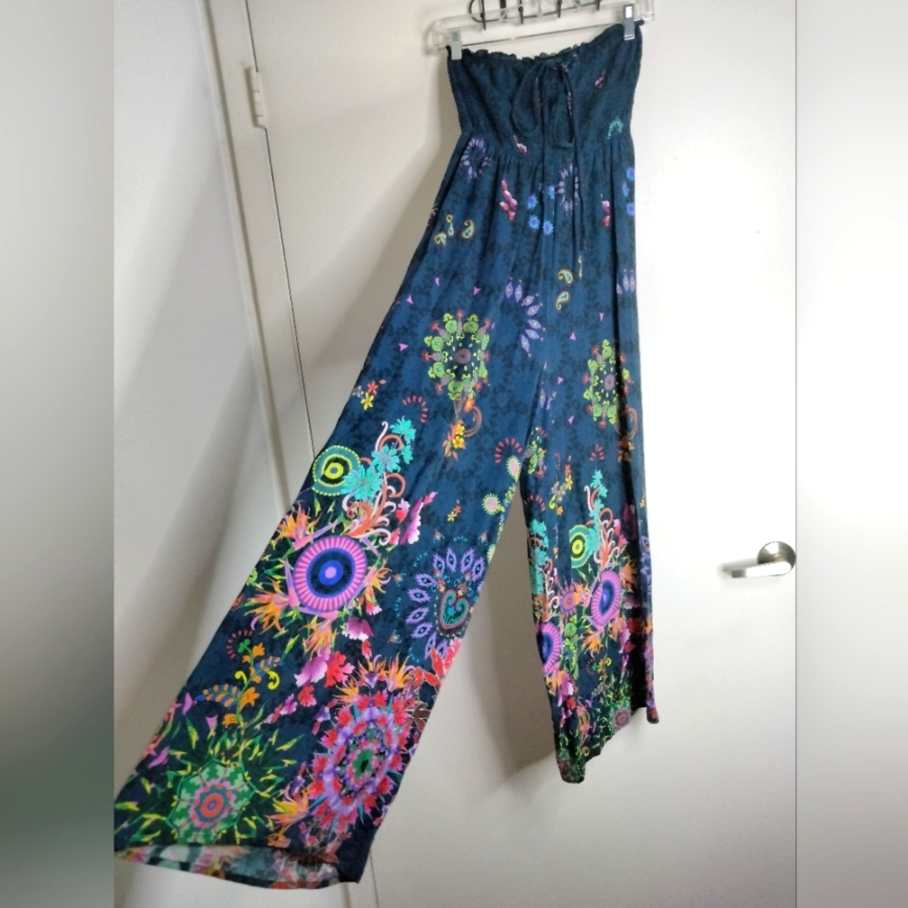 Desigual (Size S) Multicolored Floral Print Drawstring Smock Tube Top Jumpsuit